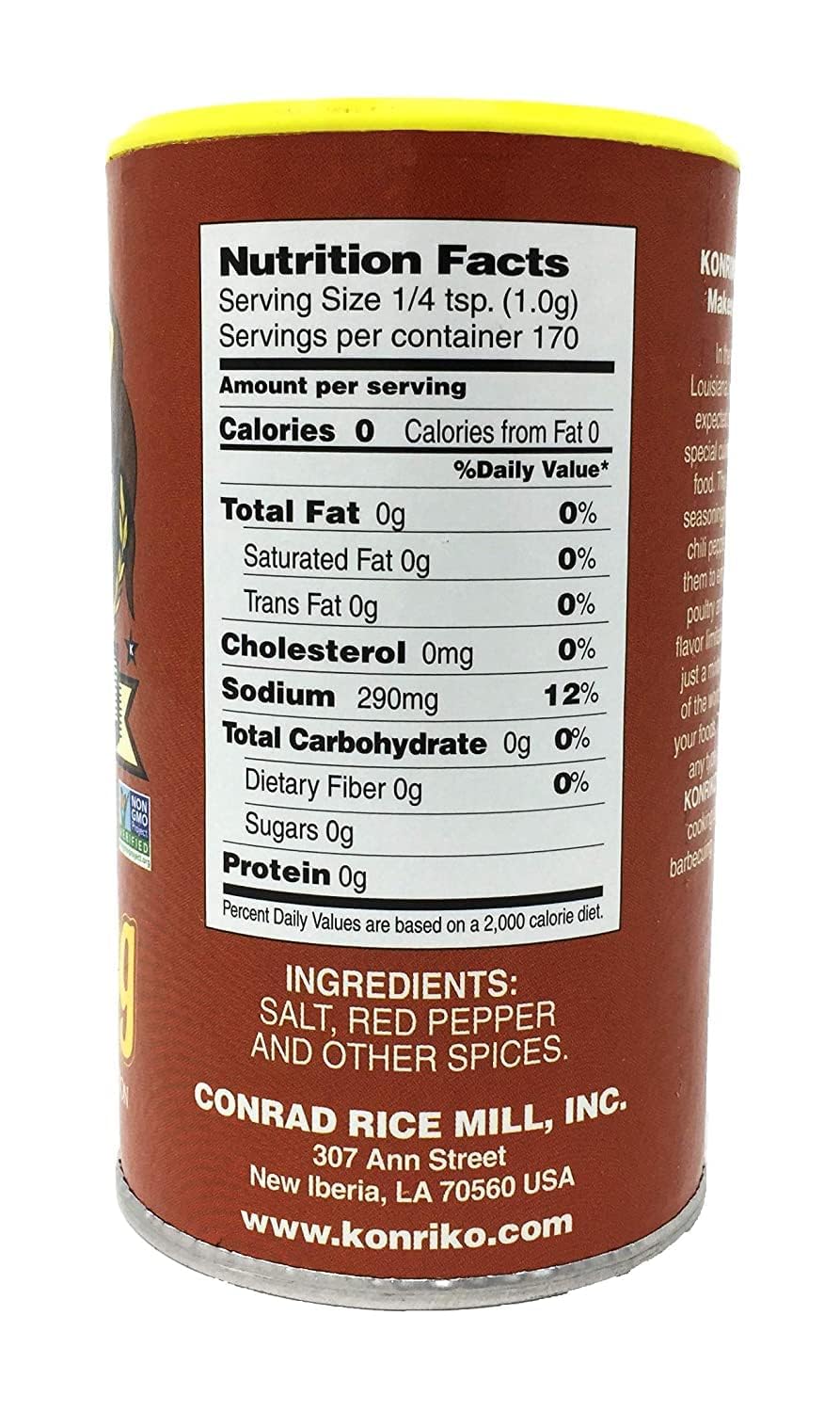 Konriko jar close-up displaying spice texture and brand label, emphasizes freshness