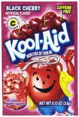 Kool-Aid front packet showing black cherry flavor and easy single-serve convenience