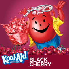 Close-up of a single Kool-Aid black cherry packet showing powdered texture and easy-open seal benefit