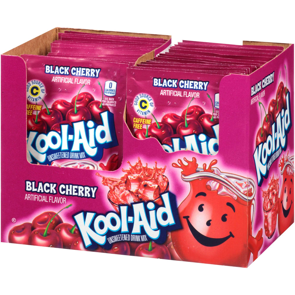 Hand holding a Kool-Aid black cherry packet next to a two-quart pitcher for scale and convenience