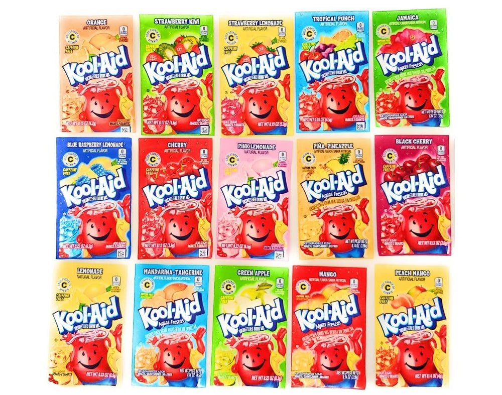 Kool Aid front packaging showing assorted 36-packet variety for easy party servings