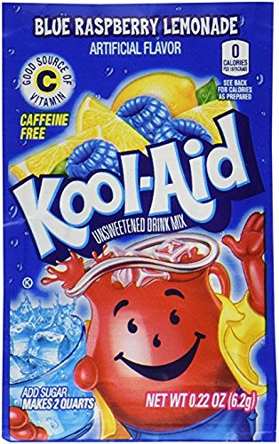 Kool-Aid front packaging showing unsweetened blue raspberry lemonade flavor, clear labeling benefit