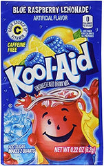 Kool-Aid front packaging showing unsweetened blue raspberry lemonade flavor, clear labeling benefit