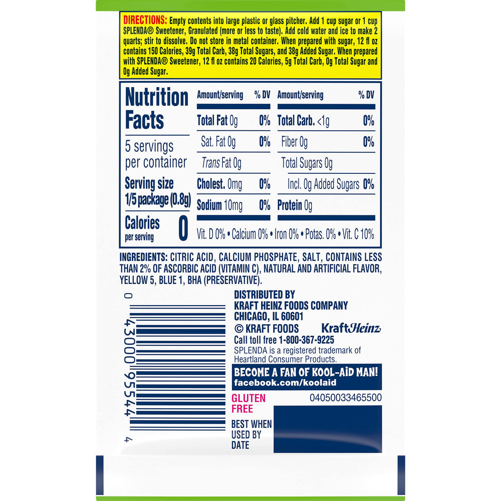 Kool‑Aid packet next to a measuring cup demonstrating serving size