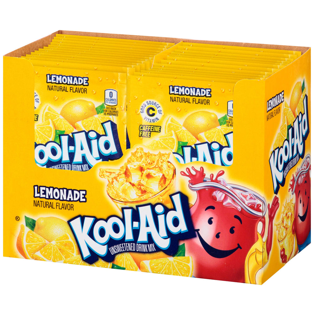Kool-Aid packet next to measuring cup showing two-quart yield per sachet