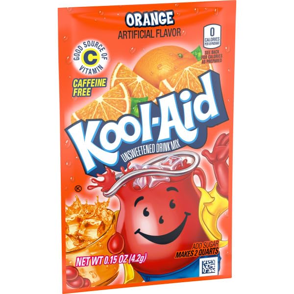Single Kool‑Aid orange packet in hand illustrating small size and portability