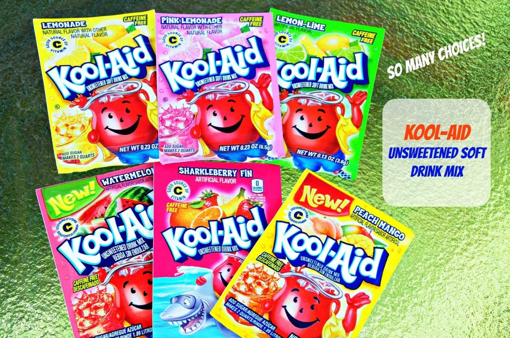 Kool Aid packet closeup highlighting brand and convenient unsweetened mix for travel