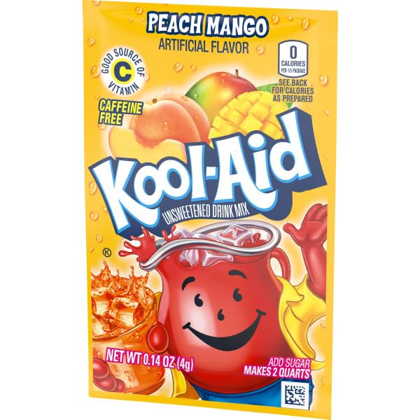 Kool-Aid Peach Mango being poured and stirred in a clear pitcher for parties