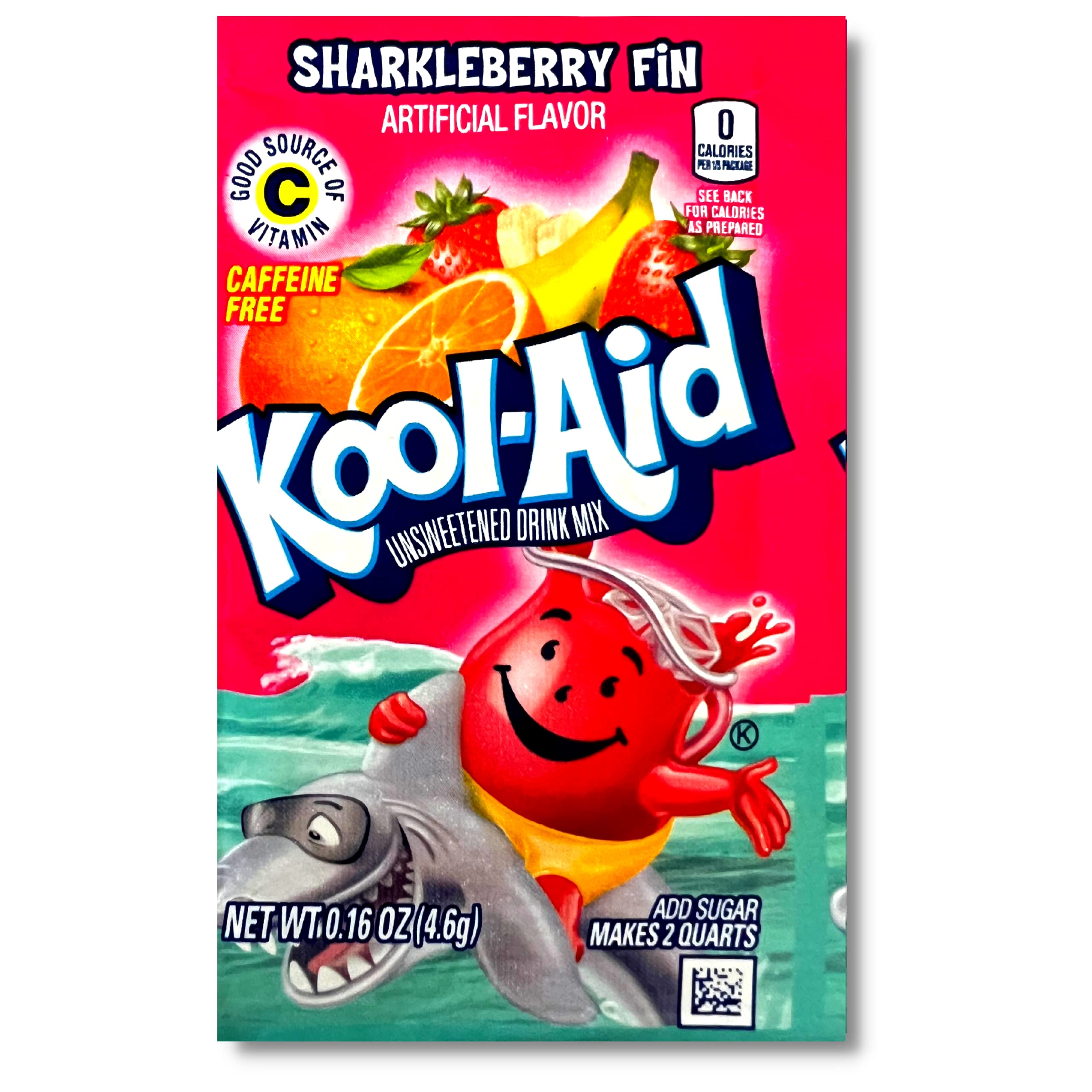 Kool-Aid Sharkleberry Fin front packaging showing 48 single-serve packets for easy serving