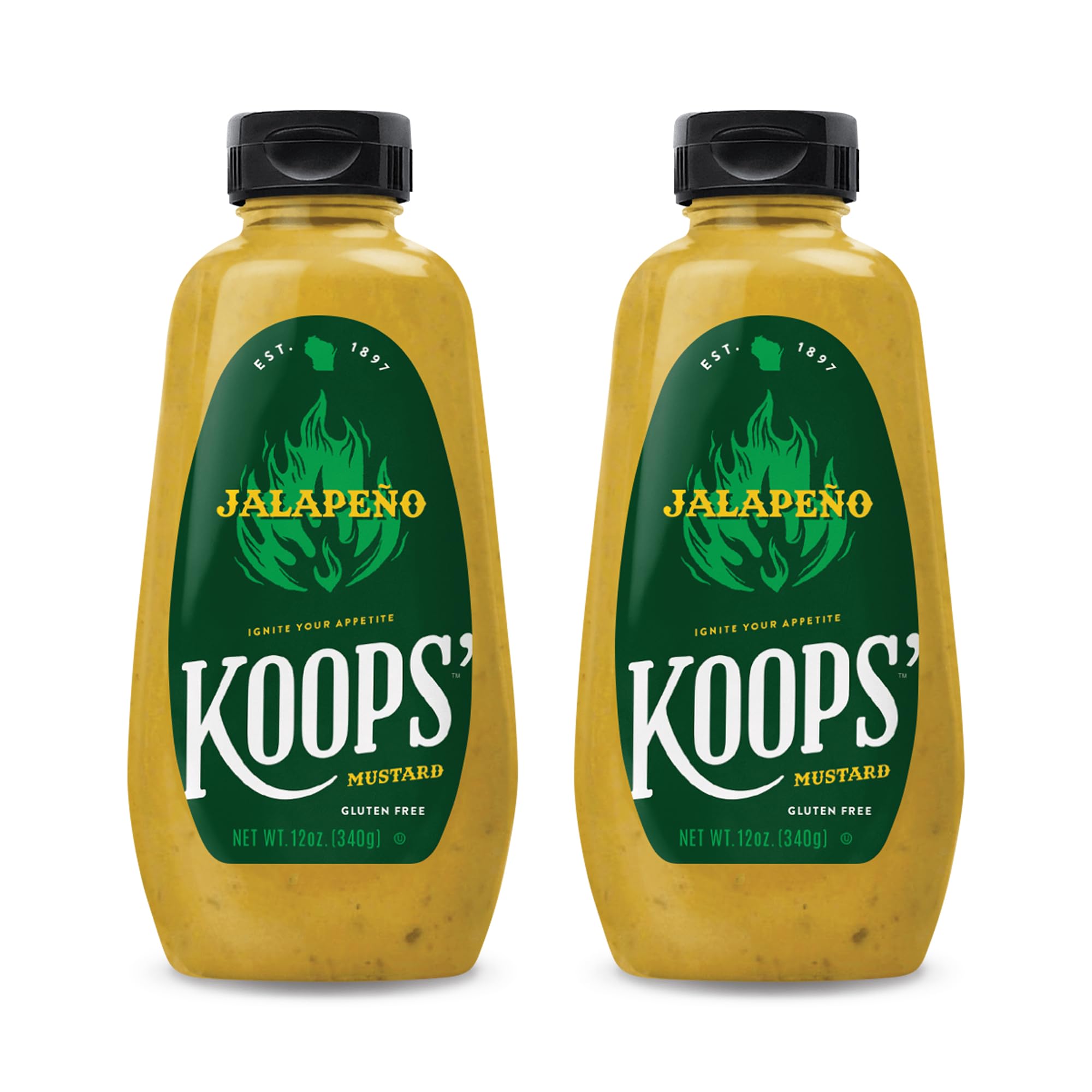 KOOPS' front packaging shows two 12 oz bottles and clear branding benefit: ready condiments