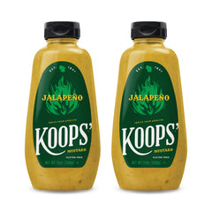 KOOPS' front packaging shows two 12 oz bottles and clear branding benefit: ready condiments