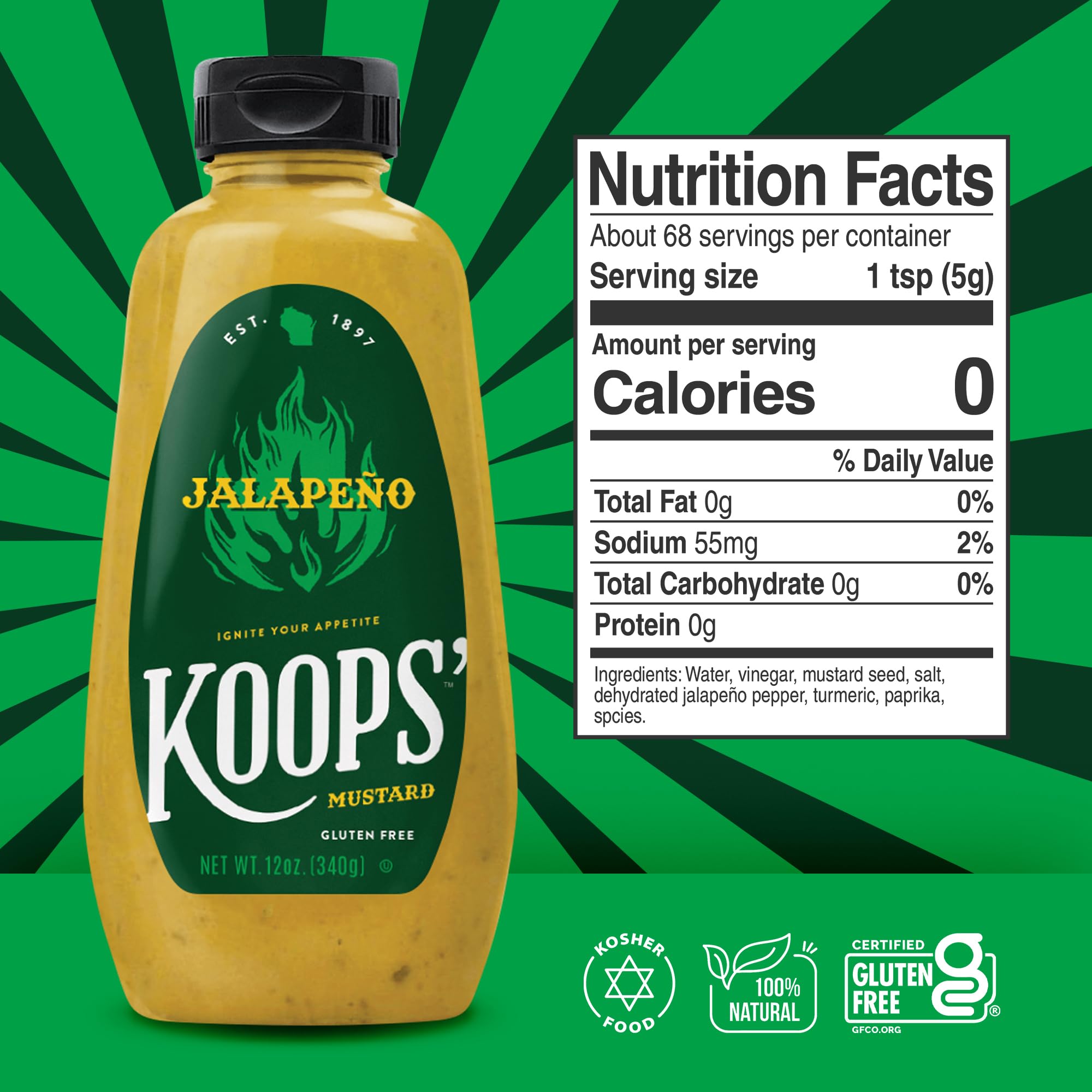 KOOPS' mustard on juicy burger illustrating added jalapeño flavor benefit