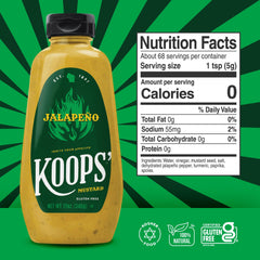 KOOPS' mustard on juicy burger illustrating added jalapeño flavor benefit