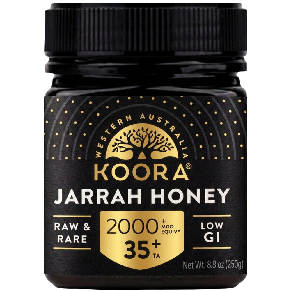 KOORA jarrah honey jar front view highlighting premium packaging and rare origin
