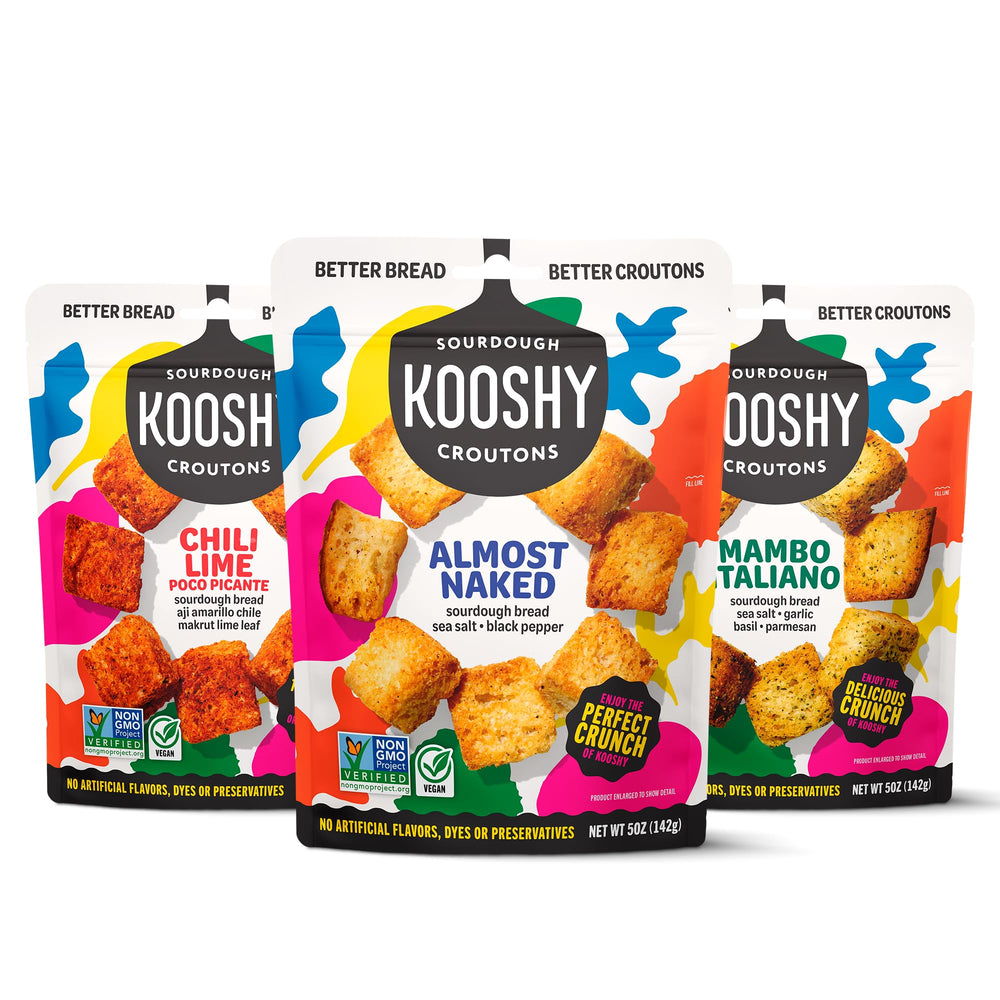 Kooshy Croutons front packaging showing variety pack and resealable bags for convenience
