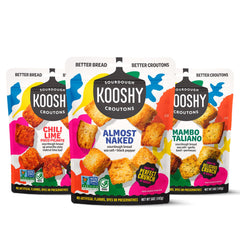 Kooshy Croutons front packaging showing variety pack and resealable bags for convenience