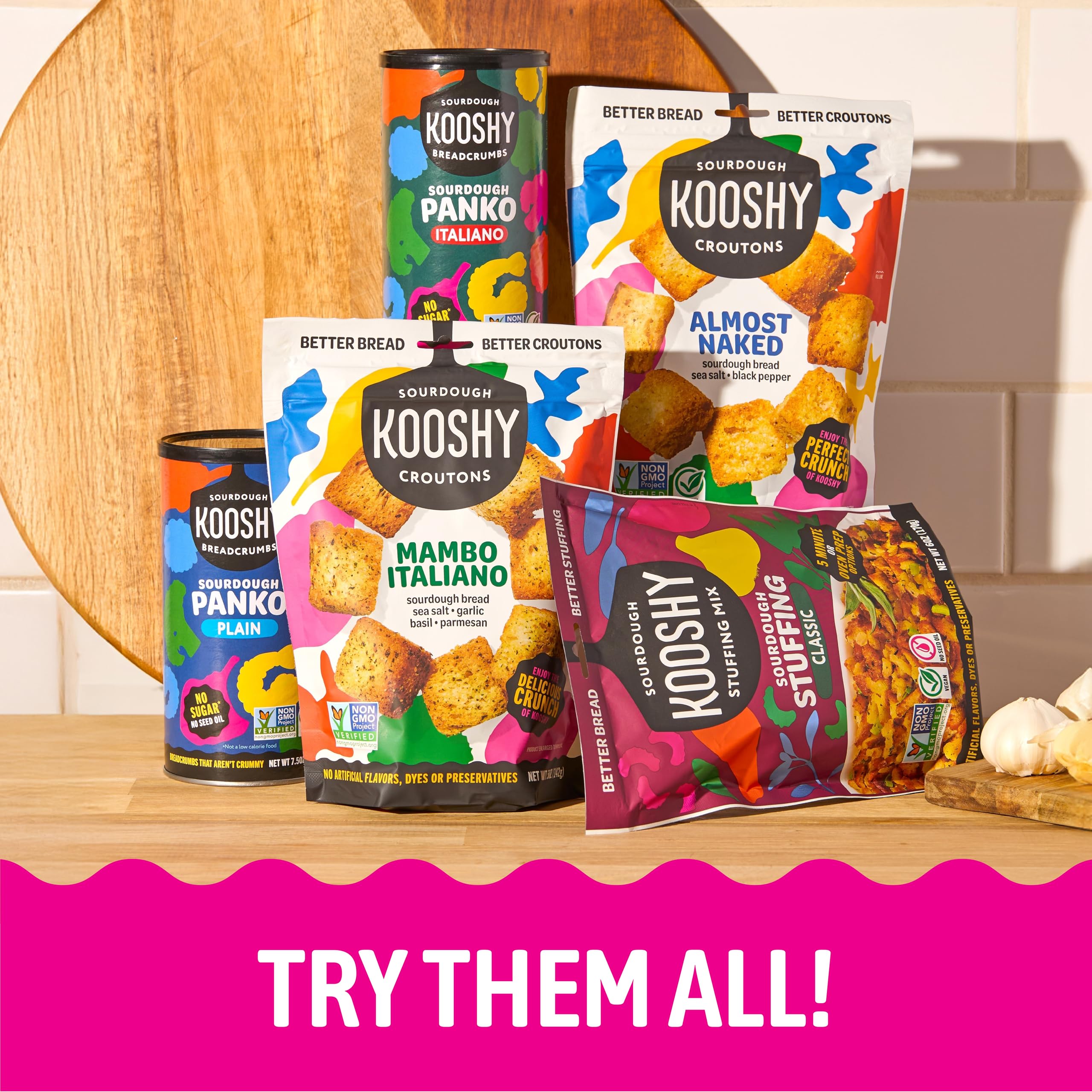 Kooshy Croutons on table in meal setting showing brand enhancing everyday meals