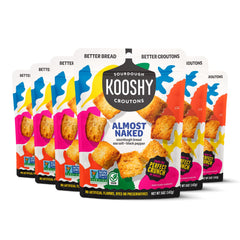 Kooshy Croutons front packaging showing sea salt and black pepper benefits