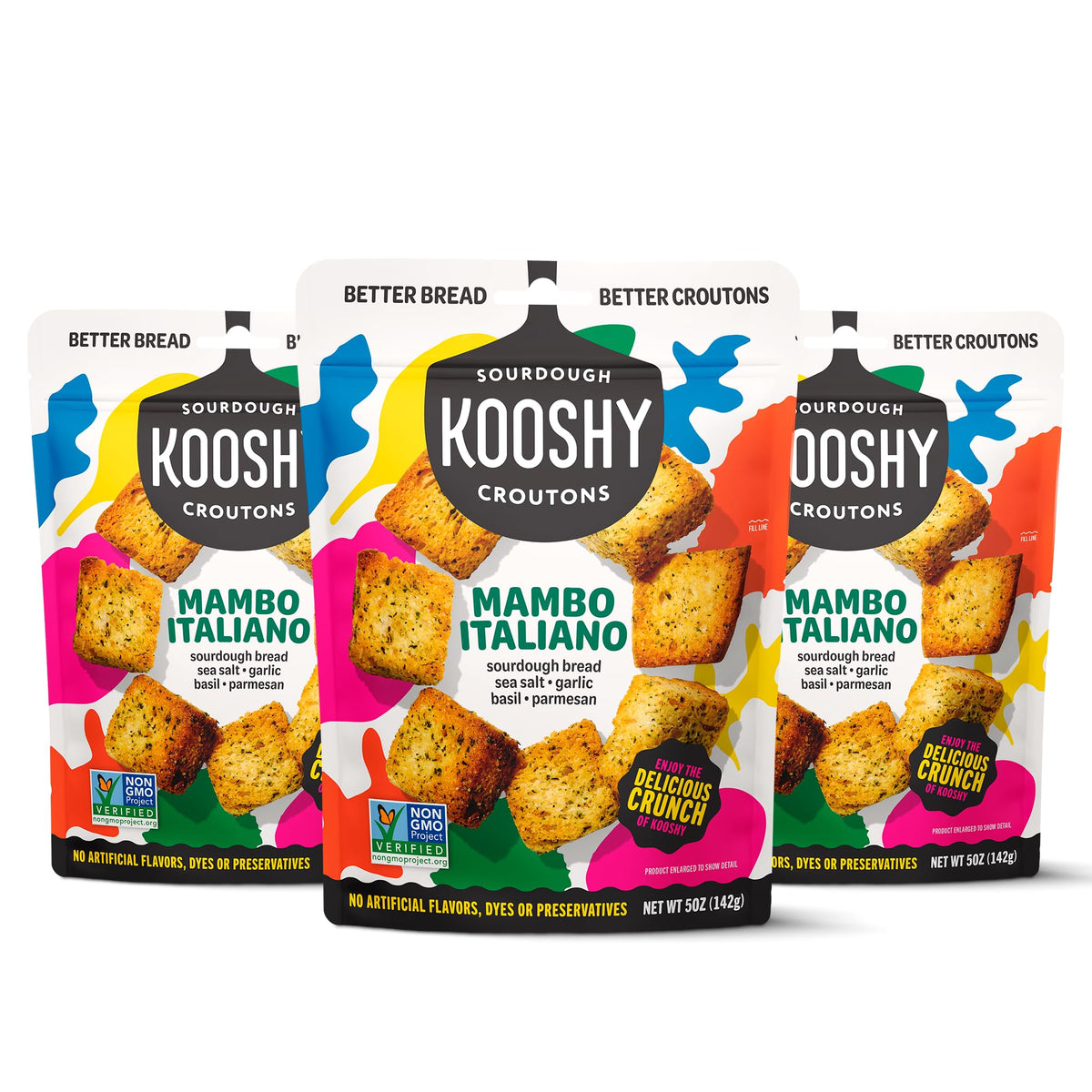 Kooshy Croutons front packaging showing flavor and resealable bag benefit