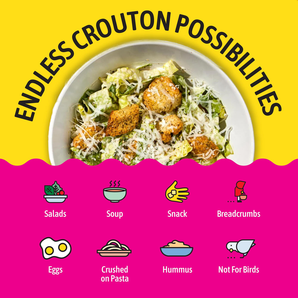 Kooshy Croutons next to a measuring cup showing portion size benefit