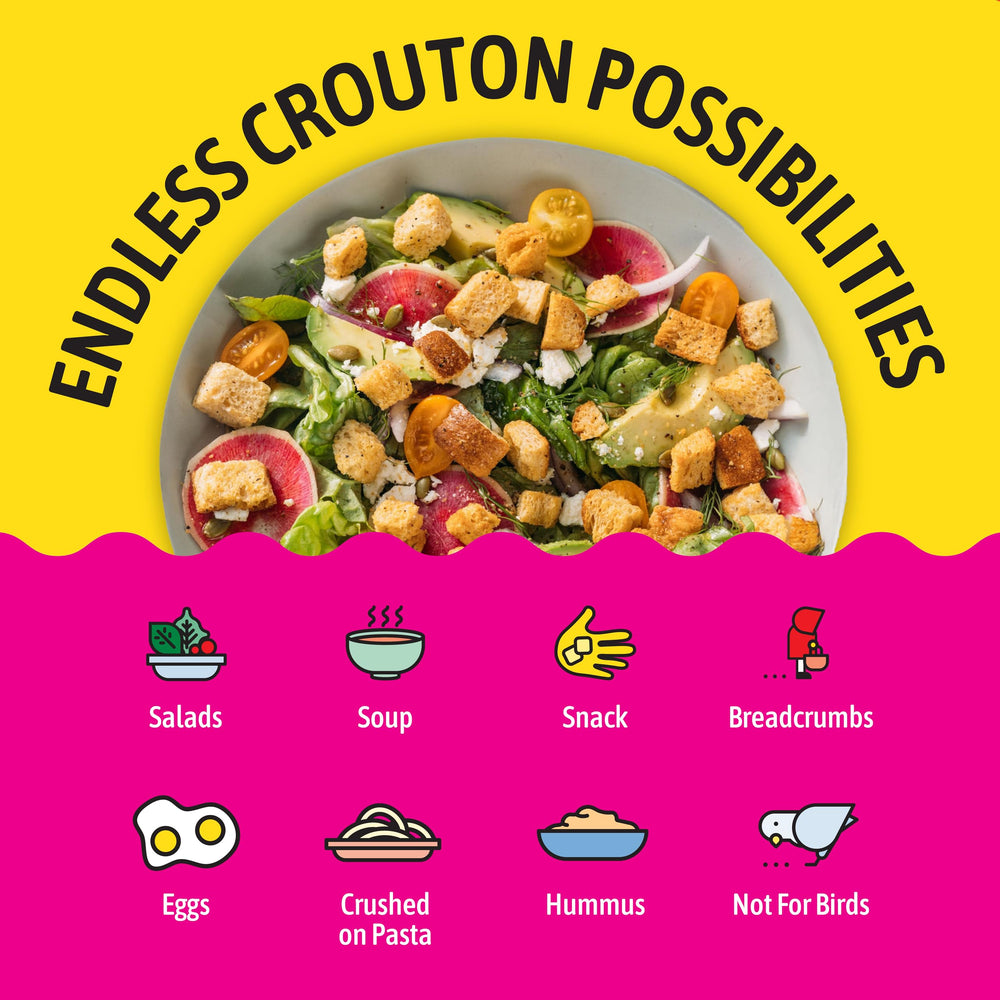 Kooshy Croutons size comparison in hand showing 5 oz portion convenience