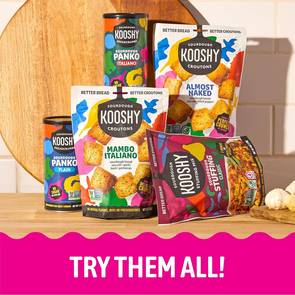 Kooshy Croutons resealable bag open to keep freshness and crunch