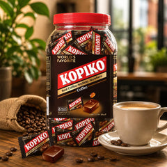 Close-up of Kopiko cappuccino candy piece highlighting creamy texture and real coffee flavor