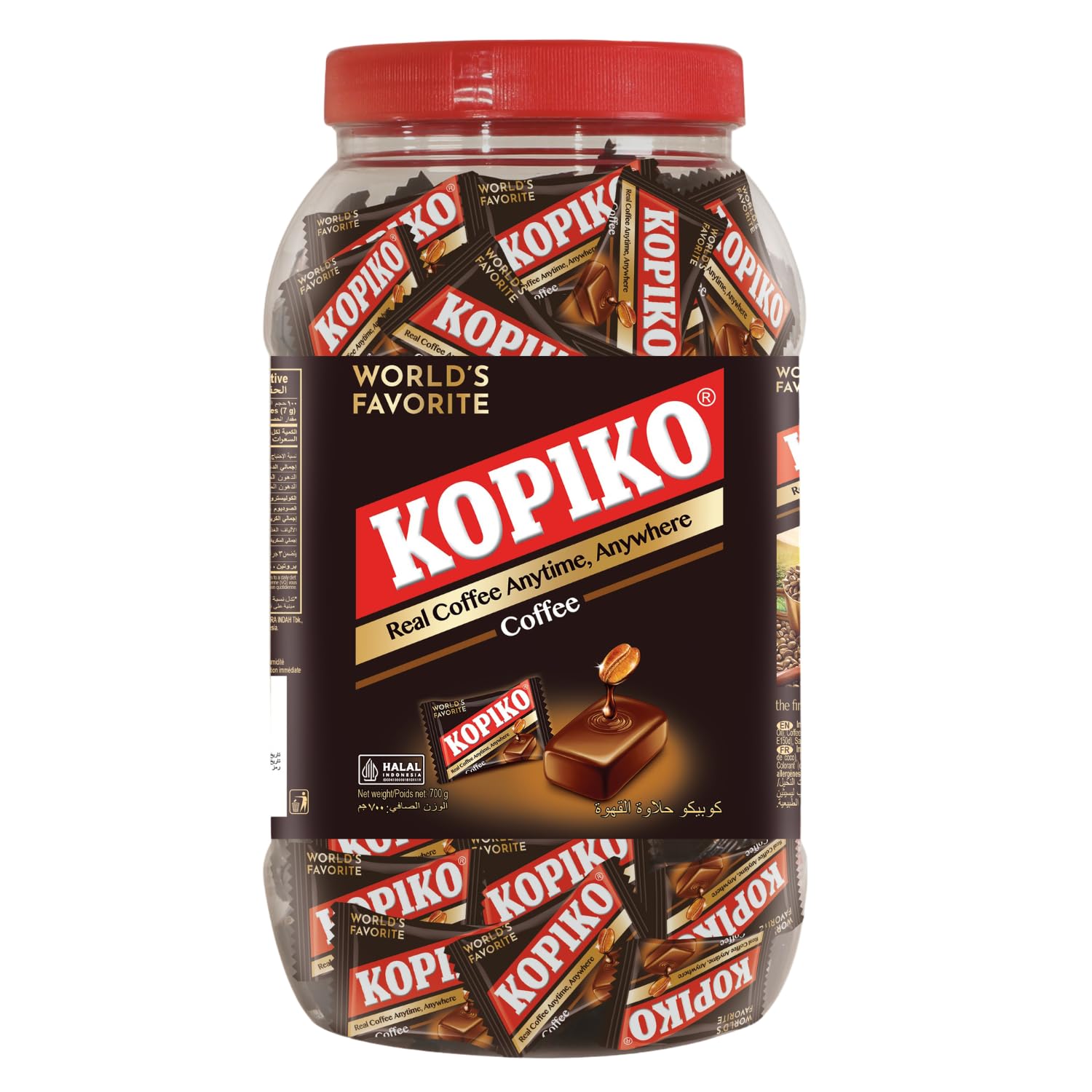 Kopiko jar front view showing label and jar size for easy shelf choice