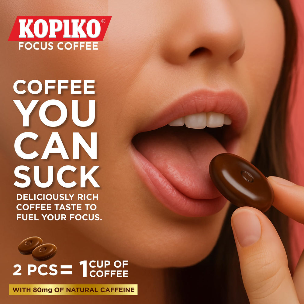 Kopiko Focus candies beside an espresso cup illustrating coffee strength