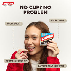 Kopiko Focus open sleeve with four candies highlighting portability