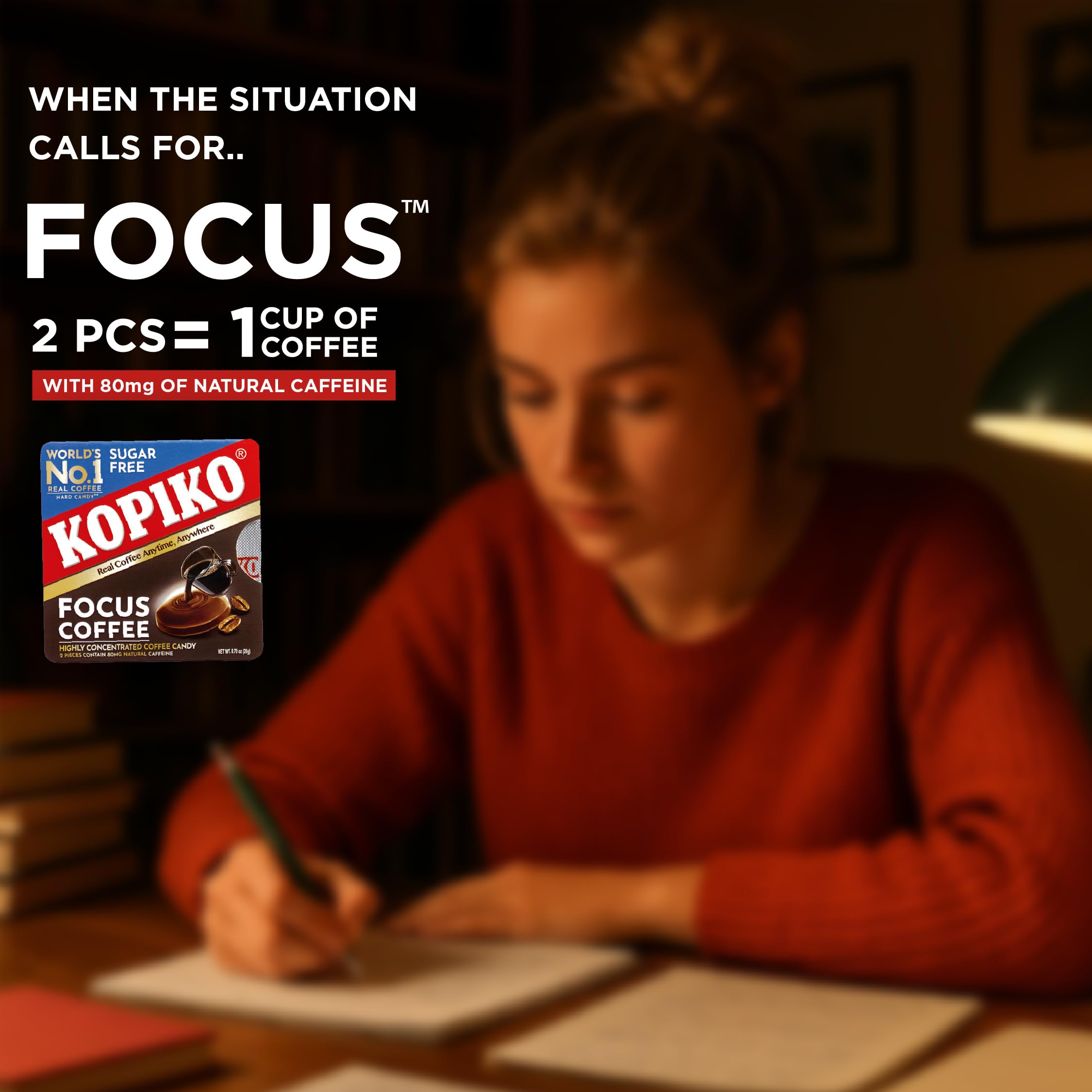 Lifestyle image of Kopiko Focus in a pocket for on-the-go energy