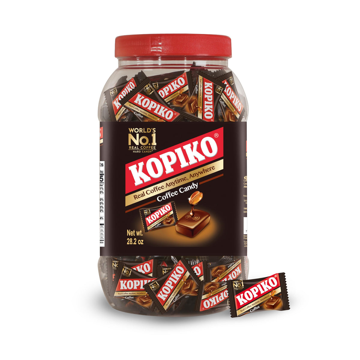 Kopiko front jar showing label and size, highlights convenience