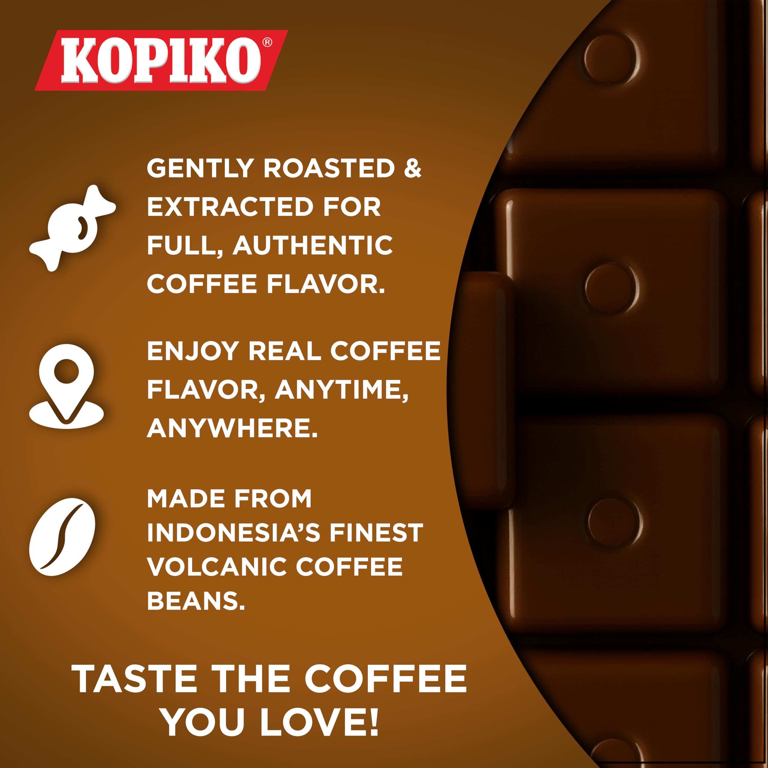 Kopiko individually wrapped piece, emphasizes freshness and portion control