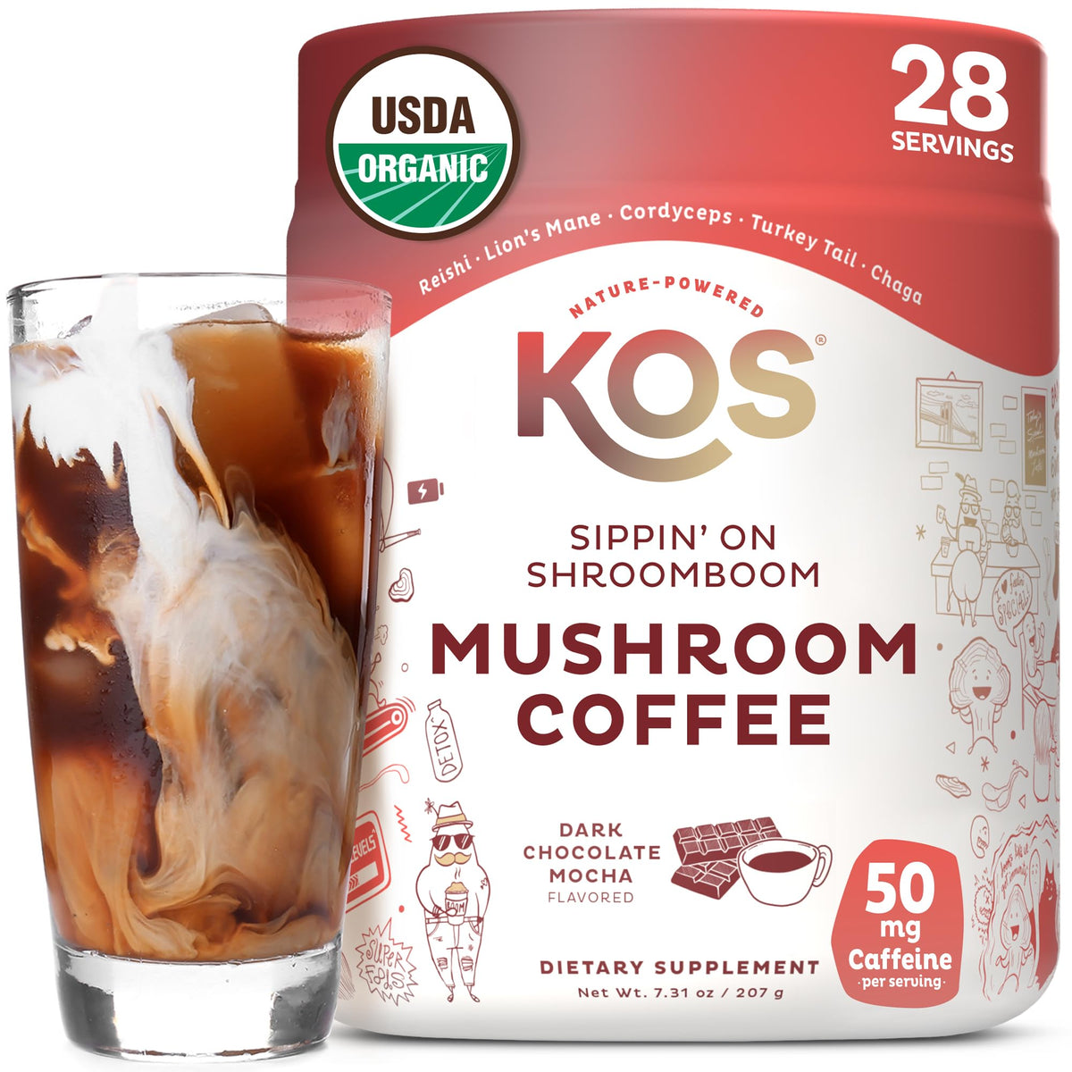 KOS jar front view showing label and dark chocolate mocha branding for recognition