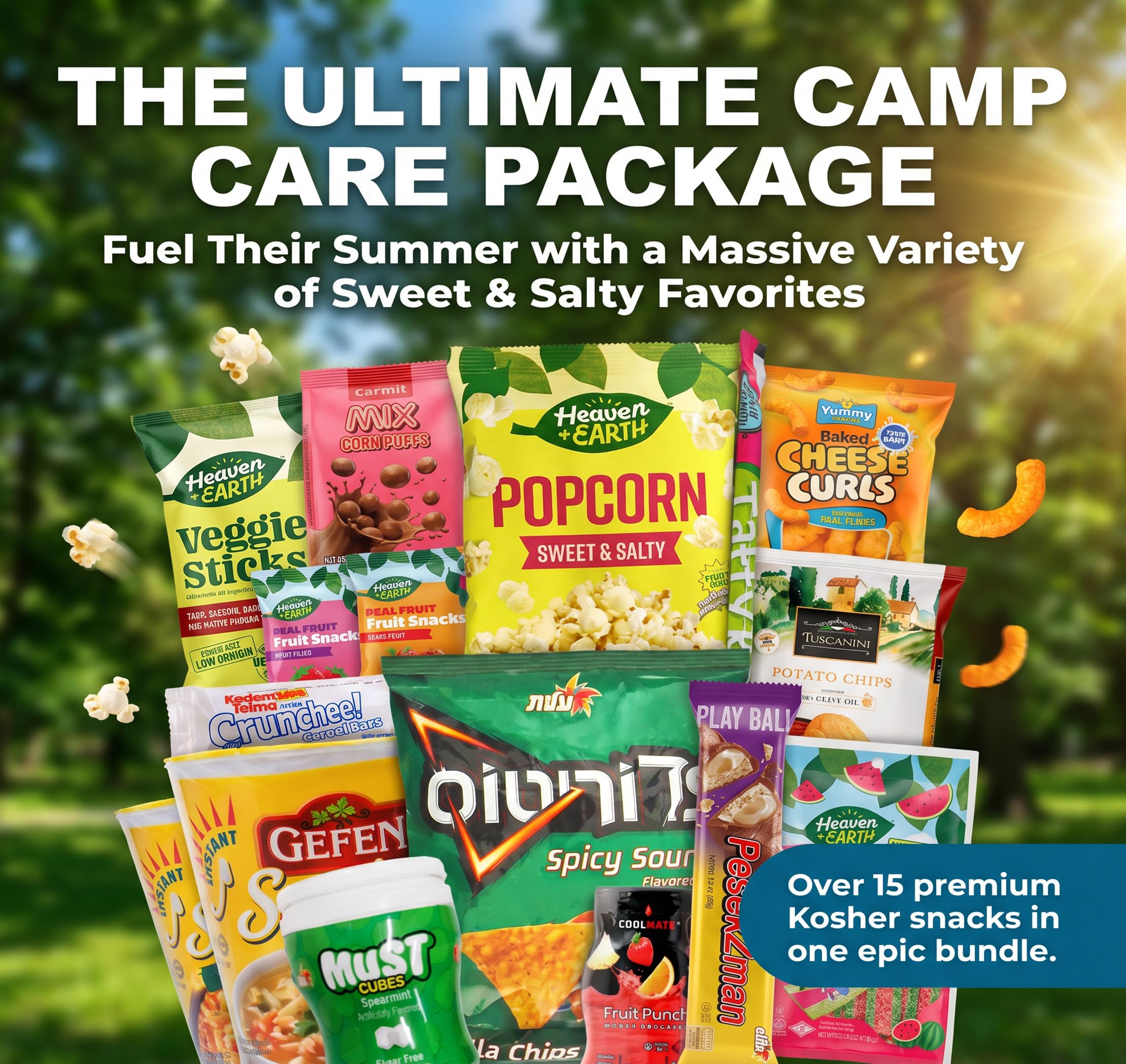 Kosherific lifestyle image of snacks beside a camp bunk, showing shareable convenience
