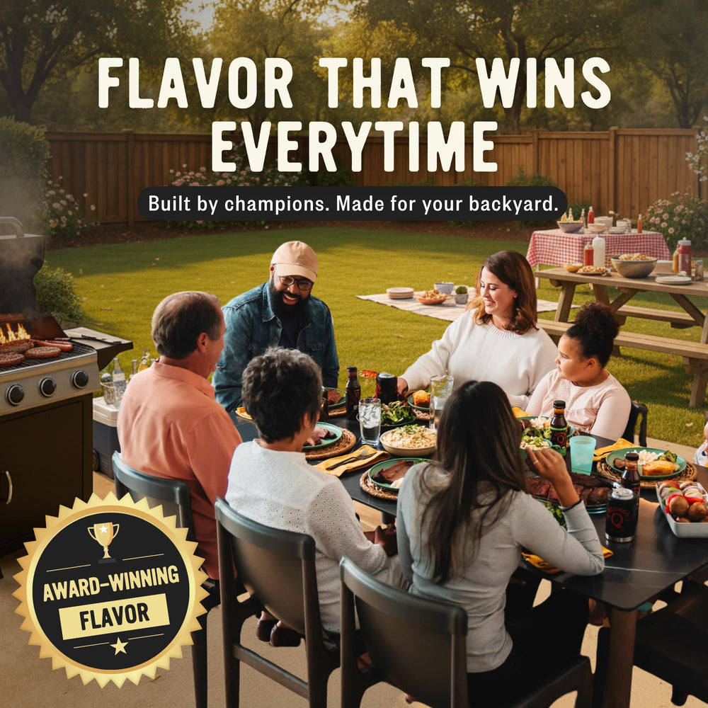 Kosmos Q bottle staged by a backyard grill illustrating professional results at home