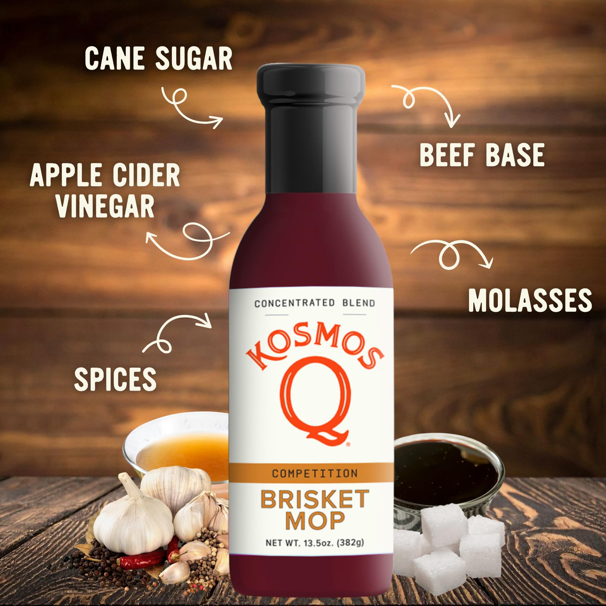 Kosmos Q bottle cap pouring mop sauce onto brush, easy application benefit
