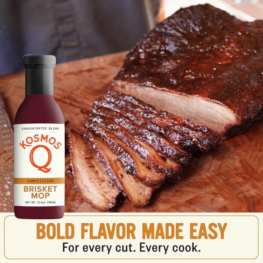 Kosmos Q bottle placed beside sliced brisket to show scale and serving suggestion benefit