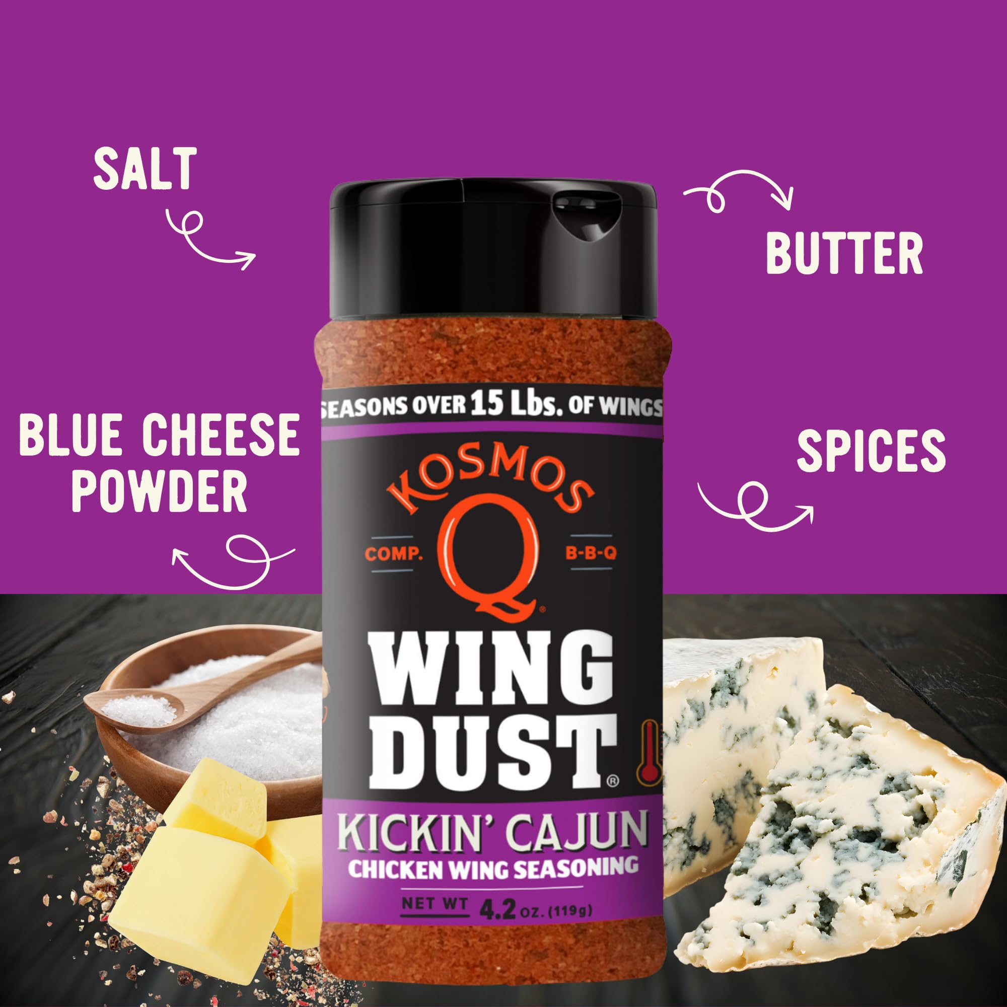 Kosmos Q seasoning texture close-up showing paprika and garlic granules for visible flavor