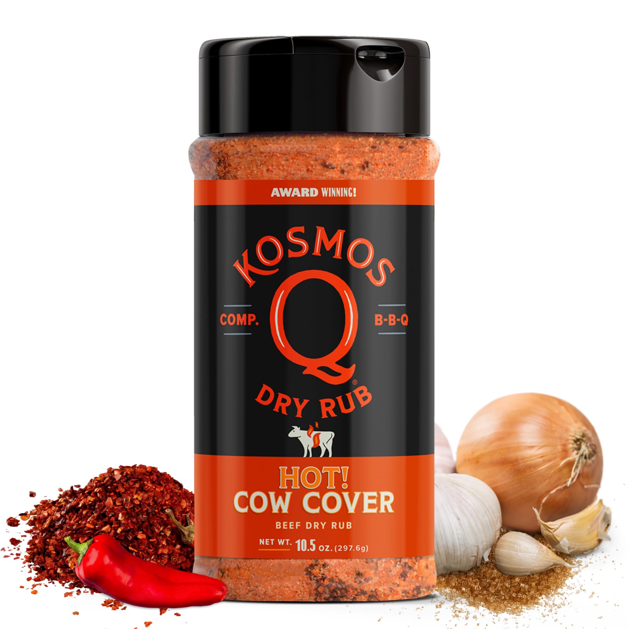 Kosmos Q front packaging showing Cow Cover HOT shaker, clear branding and spicy promise