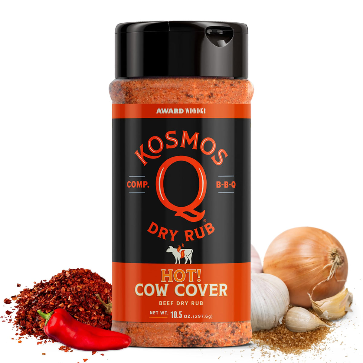 Kosmos Q front packaging showing Cow Cover HOT shaker, clear branding and spicy promise