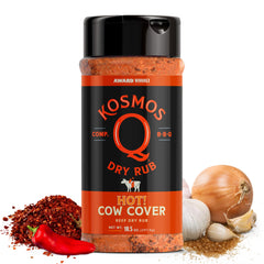 Kosmos Q front packaging showing Cow Cover HOT shaker, clear branding and spicy promise