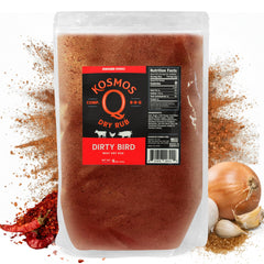 Kosmos Q front packaging of Dirty Bird showing label and 16 oz size, clear benefit: identifiable pantry staple