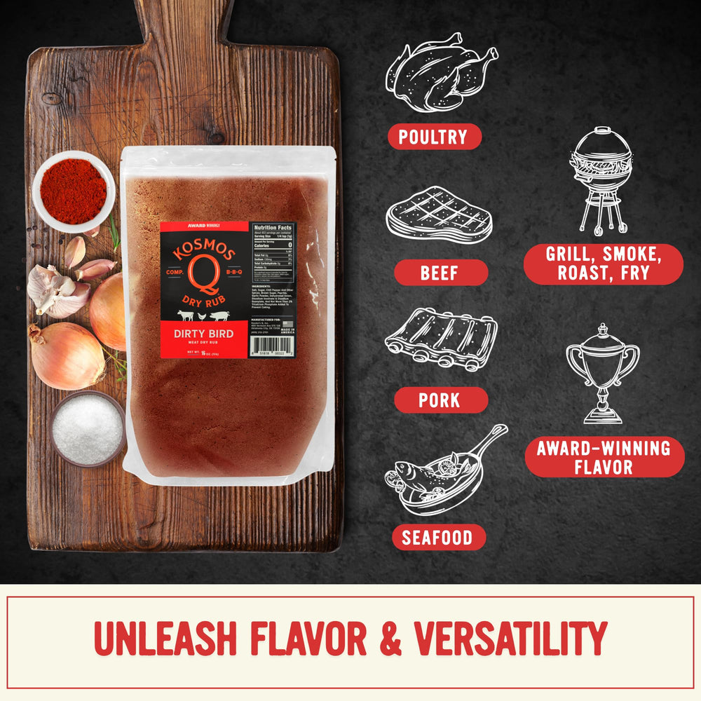 Kosmos Q Dirty Bird on grilled chicken wings, showing golden caramelized skin and flavor payoff