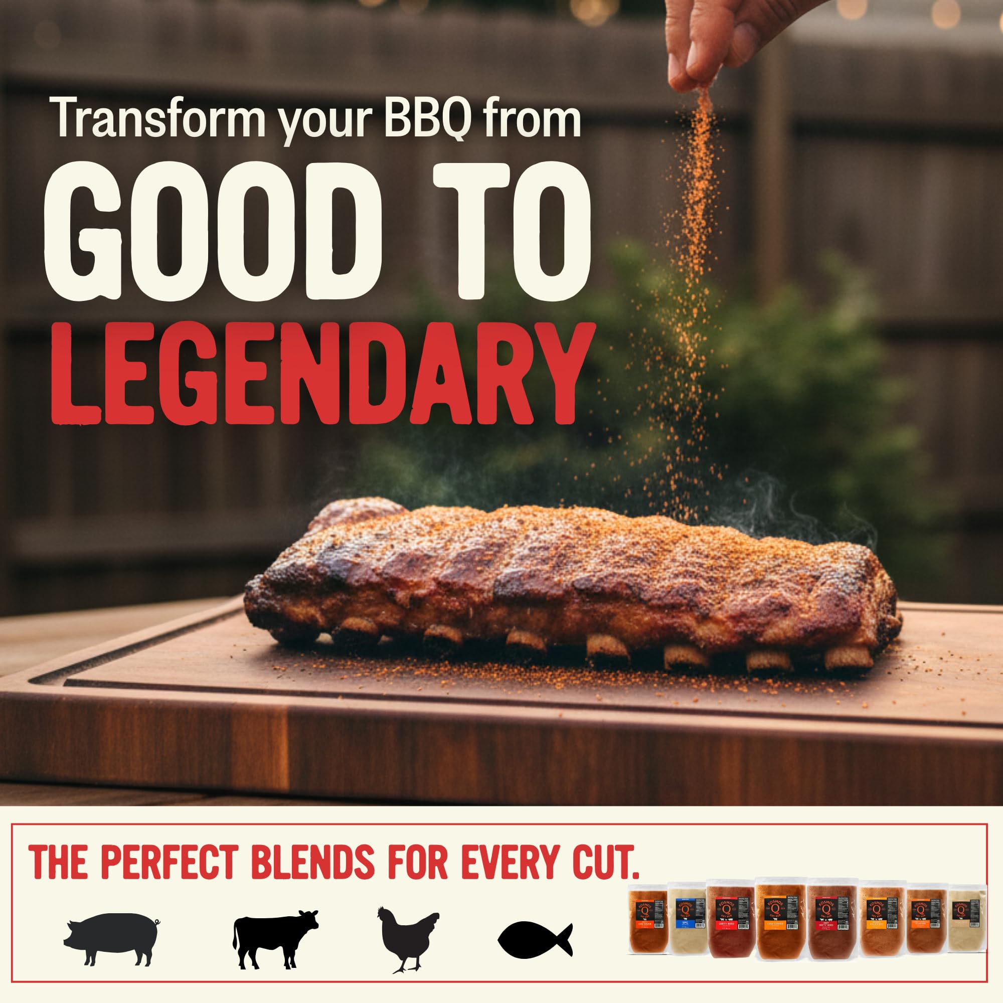 Kosmos Q Dirty Bird sprinkled on pork ribs, showing seasoned bark and enhanced savory benefit