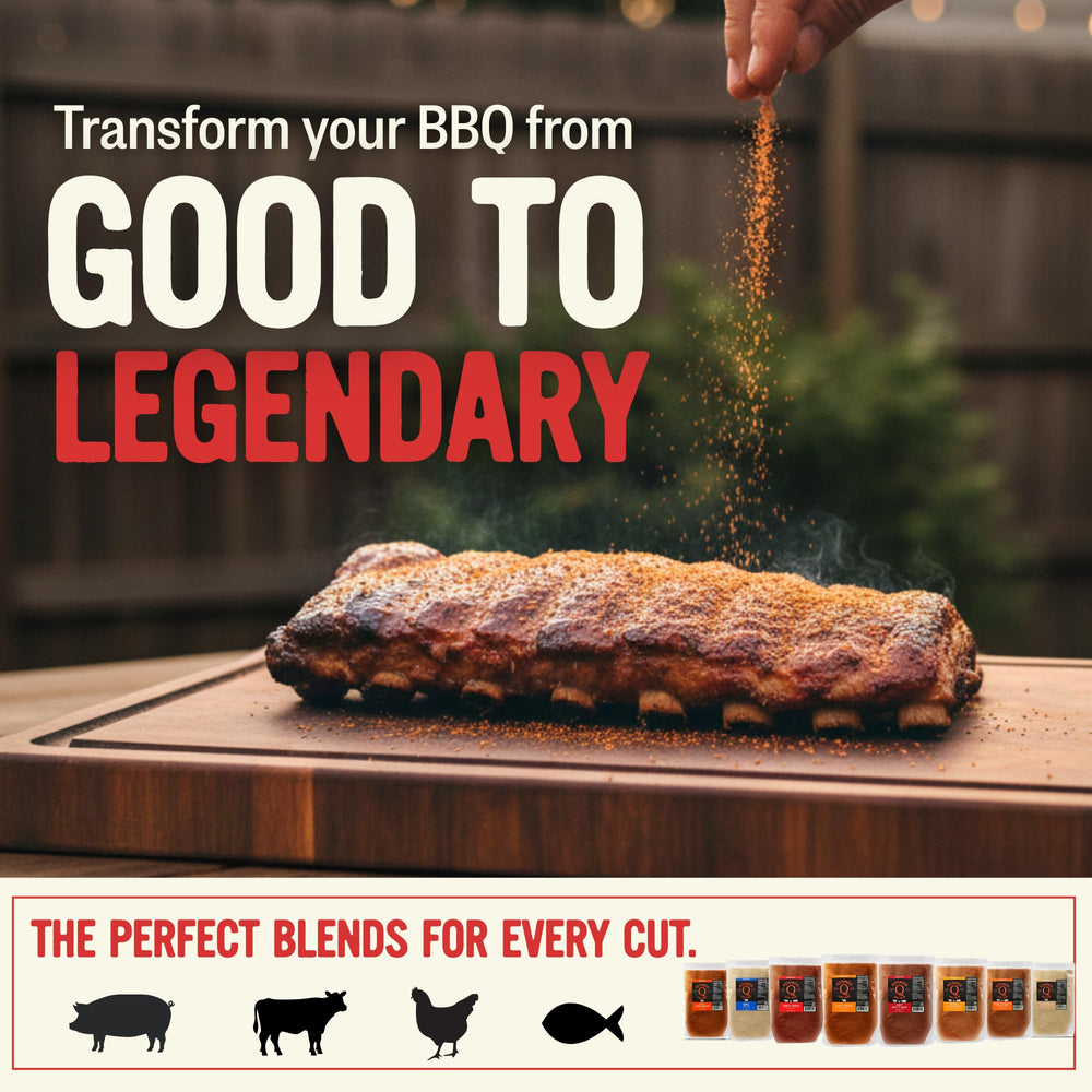 Kosmos Q Dirty Bird sprinkled on pork ribs, showing seasoned bark and enhanced savory benefit