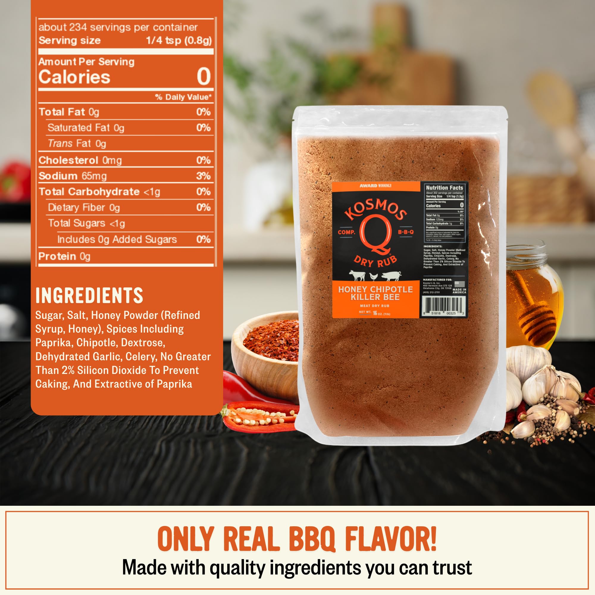 Close-up of Kosmos Q spices showing chipotle flakes and paprika for smoky flavor