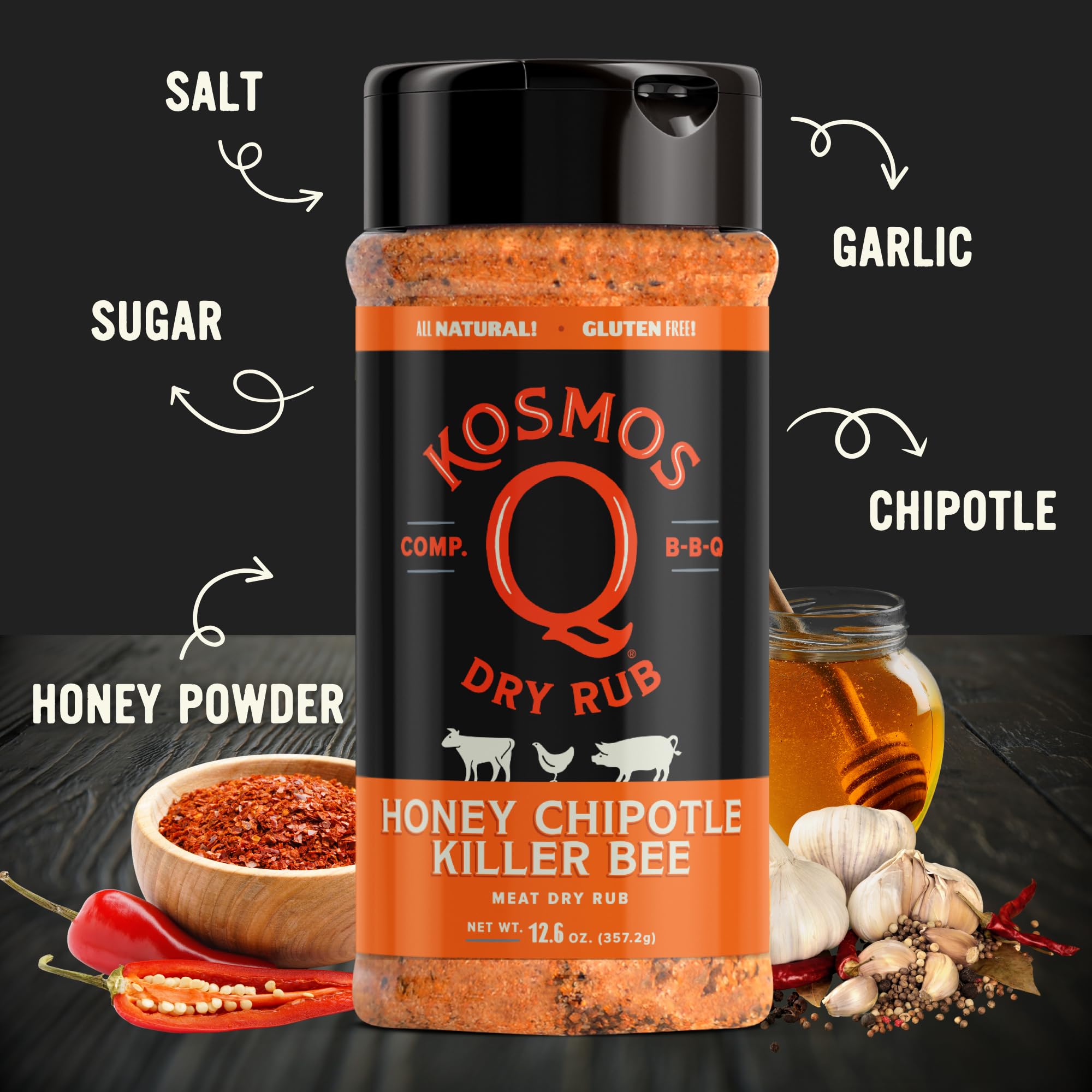 spoon scooping Kosmos Q honey chipotle from jar demonstrating ease of application