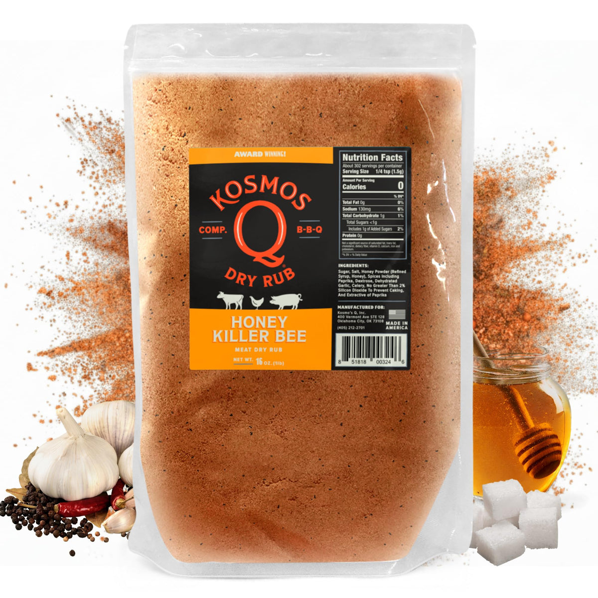 Kosmos Q front packaging showing 16 oz jar and vibrant label, adds sweet BBQ flavor