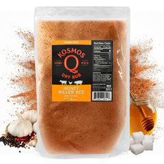 Kosmos Q front packaging showing 16 oz jar and vibrant label, adds sweet BBQ flavor